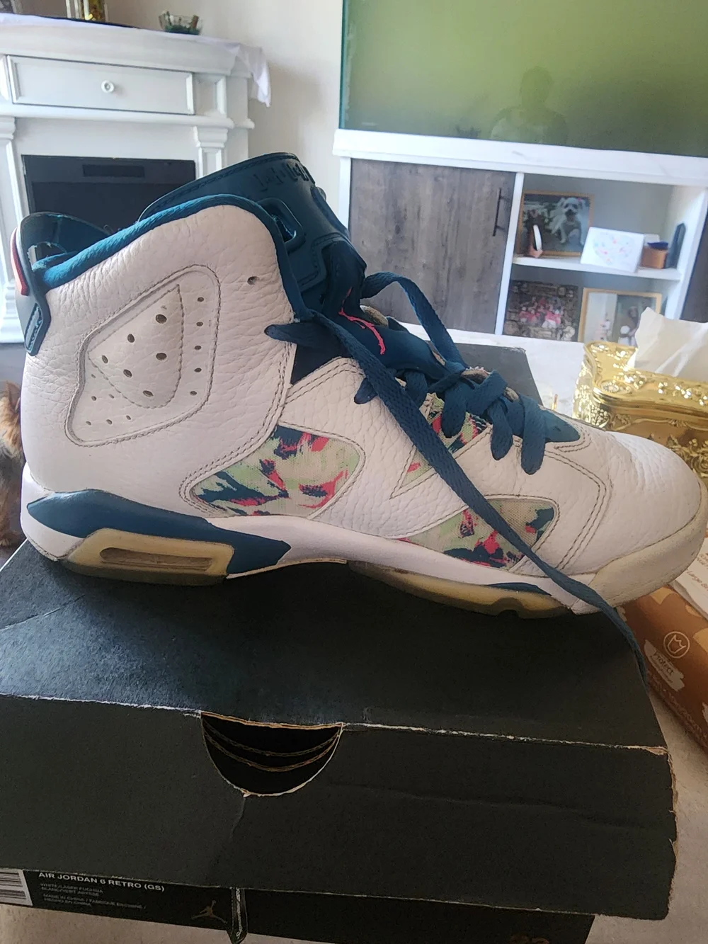 Air Jordan Kids White Teal Floral Accent Basketball Shoes